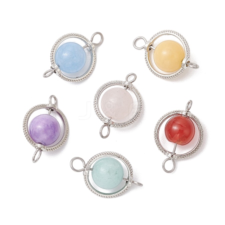 6Pcs 6 Styles Natural Carnelian & Yellow Jade & Dyed White Jade & Green Jade Round Connectror Charms PALLOY-JF02806-1