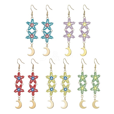 Star Glass Seed Beaded Dangle Earrings for Women EJEW-MZ00206-1