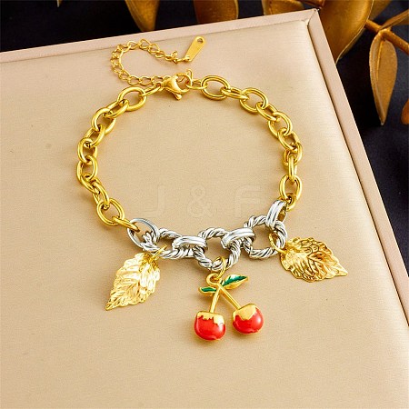 Duo Tone 304 Stainless Steel Enamel Red Cherry Leaf Charm Bracelets for Women SA-CBA717A-05G-1