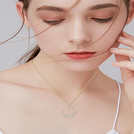 1PC Stainless Steel Pave Clear Cubic Zirconia New Moon Pendant Necklaces NJEW-LP0009-53-1