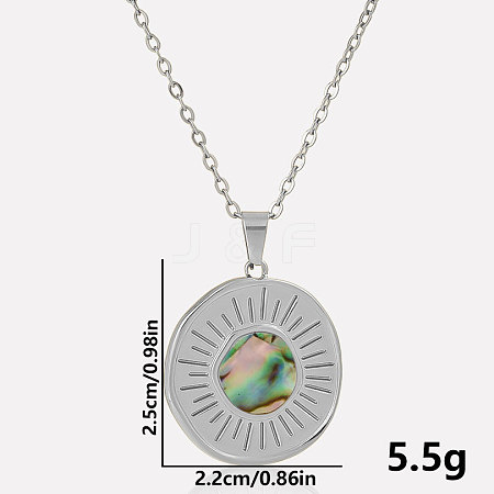 Stylish 304 Stainless Steel Pave Natural Paua Shell Flat Round Pendant Necklaces QJ3368-1-1