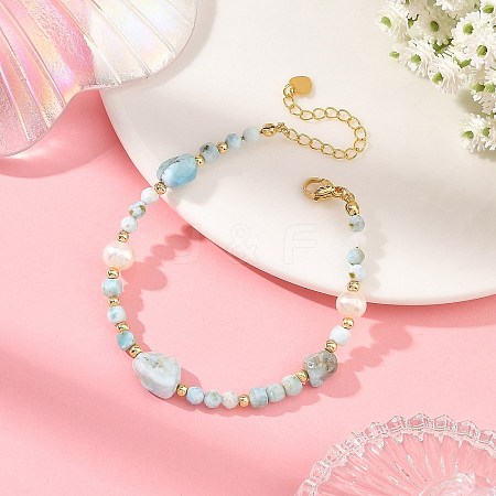 Nuggets Natural Larimar and Potato Pearl Beaded Bracelets BJEW-JB14468-1
