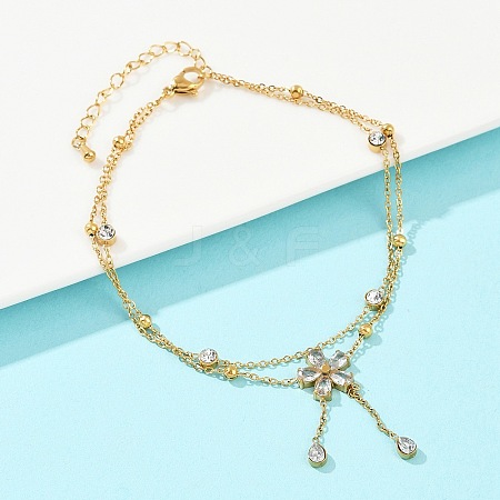 304 Stainless Steel Pave Clear Cubic Zirconia & Crystal Rhinestone Double Layer Flower Charm Anklets for Women AJEW-G069-02G-1
