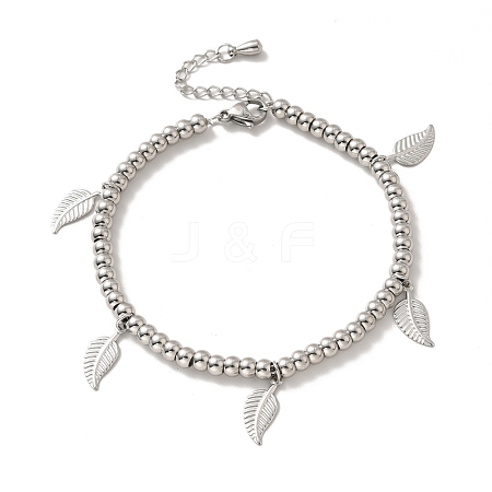 Tarnish Resistant 304 Stainless Steel Leaf Charm Bracelet with 201 Stainless Steel Round Beads for Women BJEW-B057-18P-1