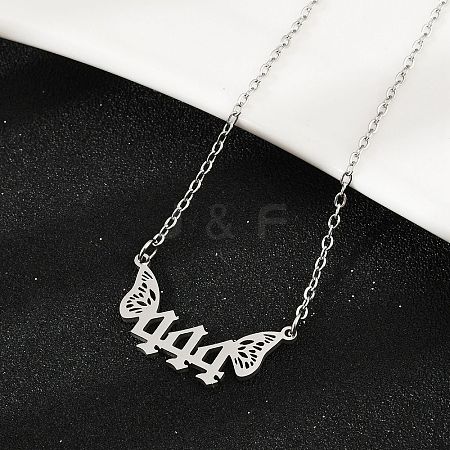 201 Stainless Steel Number 444 with Butterfly Wings Pendant Necklaces NJEW-P332-01B-P-1
