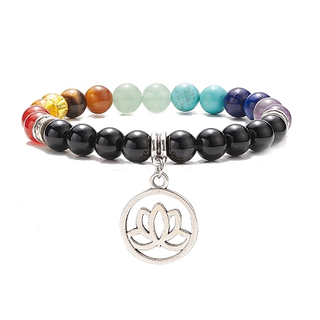 Natural Black Agate & Mixed Gemstone Stretch Bracelet with Alloy Lotus Charms BJEW-TA00134-01-1