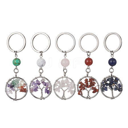 Natural & Synthetic Mixed Stone Chips Flat Round with Tree of Life Kcychain KEYC-JKC00563-1