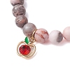 Natural Pink Zebra Jasper Beads & Apple Charms Bracelets & 304 Stainless Steel Flat Round Pendants Set SJEW-JS01307-02-3