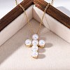 304 Stainless Steel & Plastic Imitation Pearl Cross Pendant Necklaces for Women NJEW-U032-15G-2