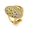 Oval with Flower Brass Micro Pave Cubic Zirconia Open Cuff Rings for Women RJEW-Z050-15G-1