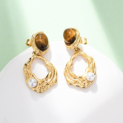 304 Stainless Steel Tiger Eye Stone Oval Dangle Stud Earrings EJEW-R027-02G-1
