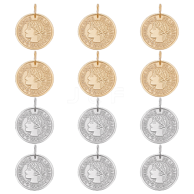 12Pcs 2 Colors 304 Stainless Steel Coin Pendants STAS-UN0064-48-1