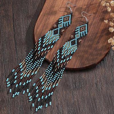 Bohemian Handmade Glass Seed Beads Rhombus Long Tassel Dangle Earrings AP6965-1