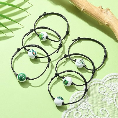 Saint Patrick's Day Wood Round Braided Beaded Bracelets BJEW-JB09595-1