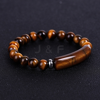 Natural Tiger Eye Curved Rectangle Beaded Stretch Bracelet PW-WG67660-02-1