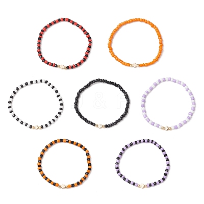 7Pcs Halloween Theme Glass Seed Round Beads Stretch Bracelets BJEW-JB12108-1