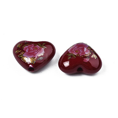 Flower Printed Opaque Acrylic Heart Beads SACR-S305-28-L04-1