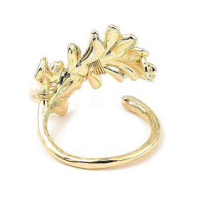 Brass Leaf Open Cuff Ring with Natural Pearl Beaded for Women RJEW-K090-02G-1