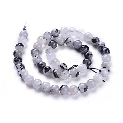 Natural Tourmalinated Quartz/Black Rutilated Quartz Beads Strands G-E558-04-8mm-1