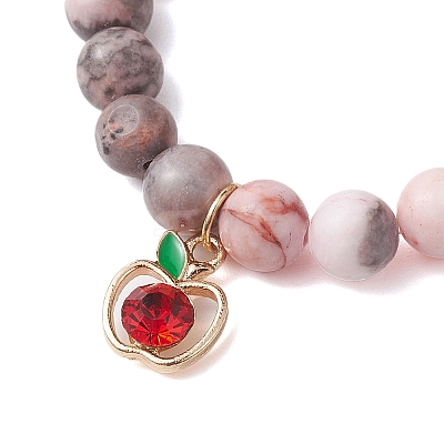 Natural Pink Zebra Jasper Beads & Apple Charms Bracelets & 304 Stainless Steel Flat Round Pendants Set SJEW-JS01307-02-1