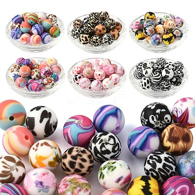 24Pcs 6 Styles Printed Round Silicone Focal Beads SIL-YW0001-76A-1