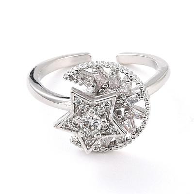 Moon & Star Rotatable Open Ring for Women RJEW-M139-14P-1