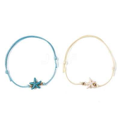 2Pcs 2 Colors Ocean Dyed Synthetic Turquoise Starfish Beaded Adjustable Waxed Polyester Cord Bracelets for Women BJEW-JB14242-1