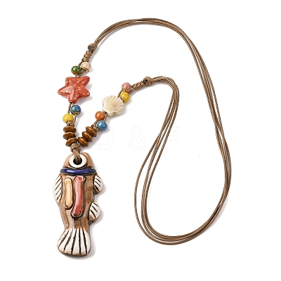 Ceramic Fish Pendant Adjustable Waxed Cord Necklaces for Women LS-NJEW-B146-03-1