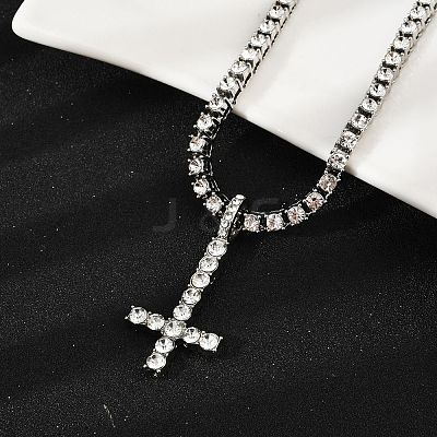 Alloy Full Crystal Rhinestone Christian Inverted Cross Pendant Necklaces NJEW-P333-01P-1
