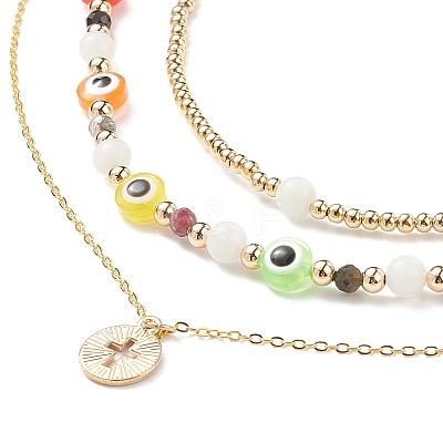 3Pcs 3 Style Natural White Moonstone & Resin Evil Eye Beaded Necklaces Set NJEW-JN04026-1