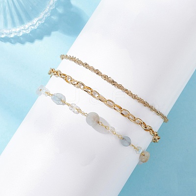 Natural Labradorite Nuggets & 304 Stainless Steel Link Chain 3 Layer Anklets for Women AJEW-AN00743-03-1