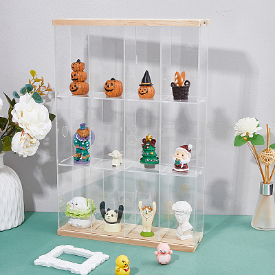 3-Tier 4-Grid Transparent Acrylic Minifigures Organizer Dispaly Case with Wood ODIS-WH0004-03B-1