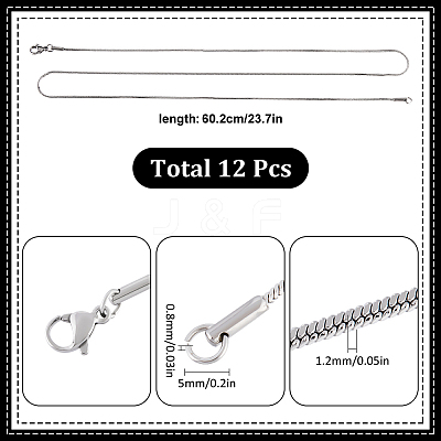 12Pcs 304 Stainless Steel Round Snake Chain Necklaces NJEW-SC0001-05-1