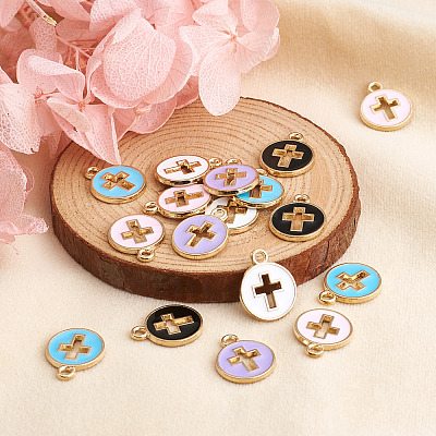 100Pcs 5 Colors Light Gold Plated Alloy Enamel Pendants ENAM-BY0001-01-1