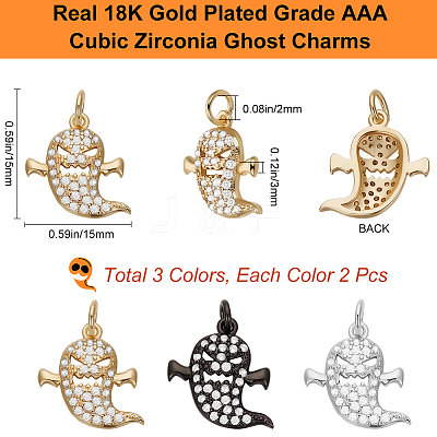 6Pcs 3 Colors Brass Micro Pave CLear Cubic Zirconia Pendants ZIRC-BBC0002-95-1