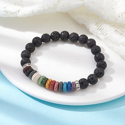 Dyed Colorful Natural Lava Rock & Rhinestone Beaded Stretch Bracelets for Women BJEW-JB09668-01-1