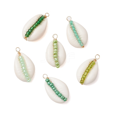 6Pcs 6 Styles Natural Cowrie Shell & Glass Seed Beads Pendants PALLOY-JF02759-04-1