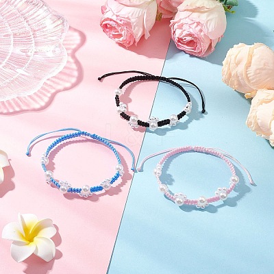 3Pcs 3 Colors Imitated Pearl Acrylic and ABS Plastic Imitation Pearl Beads Braided Bead Bracelets for Women BJEW-JB12082-1
