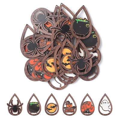 24Pcs 6 Styles Halloween Theme Single Face Printed Aspen Wood Big Pendants WOOD-FS0001-02-1