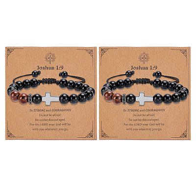 Adjustable Natural Yellow Tiger Eye & Obsidian Round Beaded Braided Bead Bracelets BJEW-WH0023-97-1