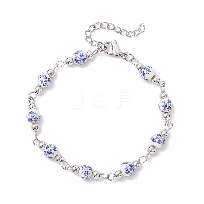 Round Flower Printed Porcelain Ceramic Beads Link Chain Bracelets for Women BJEW-JB12684-02-1