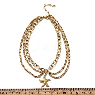 Summer Beach 304 Stainless Steel Starfish Charm 3 Layer Anklets for Women AJEW-F069-01G-1