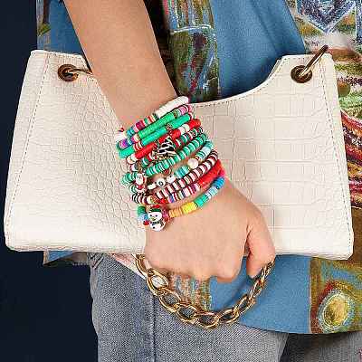 10Pcs 10 Styles Polymer Clay Heishi Beaded Stretch Bracelet Sets for Christmas BJEW-JB06128-1