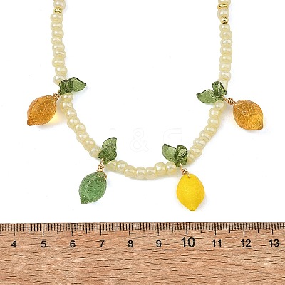 Glass Lemon with Acrylic Leaf Pendant Glass Seed Beaded Necklaces NJEW-JN06426-1