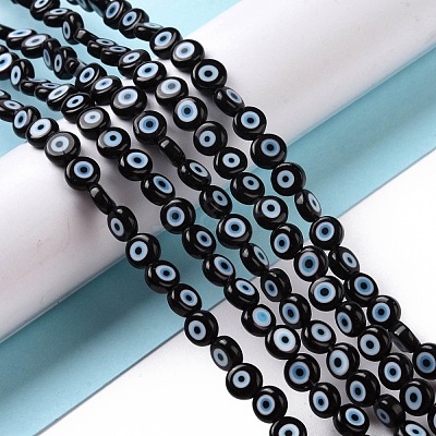 Handmade Evil Eye Lampwork Flat Round Bead Strands LAMP-L058-6mm-18-1