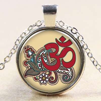 Yoga Theme Flat Round Glass Pendant Necklaces NJEW-N0051-050L-02-1