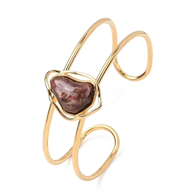304 Stainless Steel & Oval Acrylic Imitation Gemstone Bead Cuff Bangles for Women BJEW-T027-01C-1