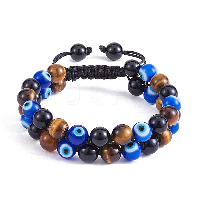 Natural Obsidian & Tiger Eye & Evil Eye Lampwork Braided Bead Bracelet BJEW-SW00001-20-1