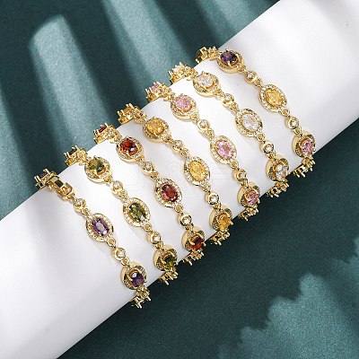 Oval Brass Micro Pave Cubic Zirconia Link Chain Bracelets for Women BJEW-D387-04G-1