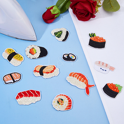 12Pcs 12 Styles Sushi Polyester Embroider Thread Iron on/Sew On Patches DIY-DC0003-87-1